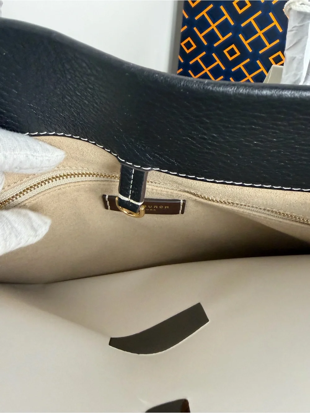 Tory Burch Black Leather Tote with Brown Trim